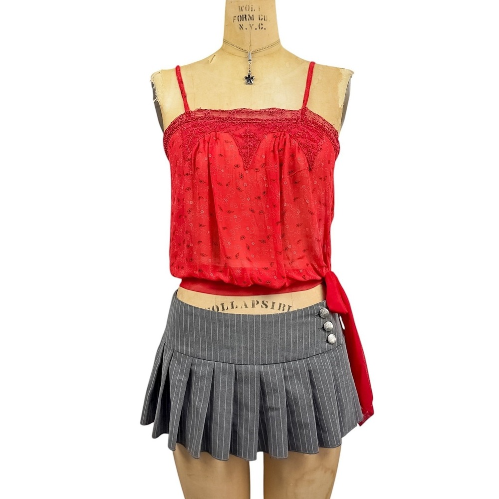 Y2K Boho Sheer Lace Trim Cami Bandana Paisley Print Sash Tie Side Romantic M